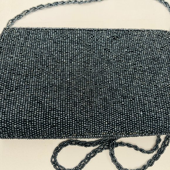 🌙 Dark Silver Vintage Beaded Evening Clutch – Italian Beads & Satin Elegance - Picture 6 of 12